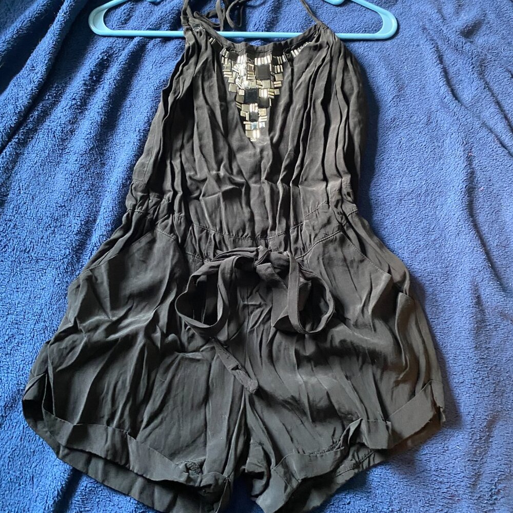 Grass Collection Black Romper Halter Top Silver Detail Sz Small w/Front Pockets